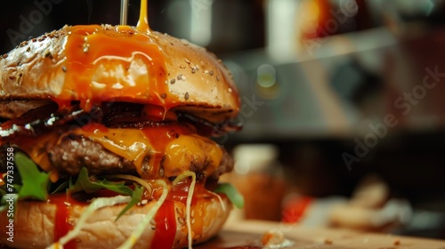 Close-up of a delicious gourmet burger with fresh ingredients and dripping sauce.