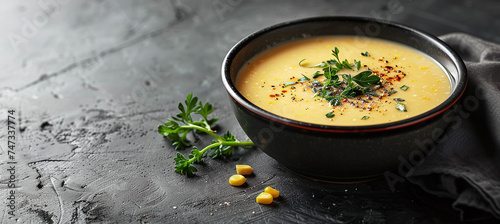 A bowl of corn soup garnished with small herbs