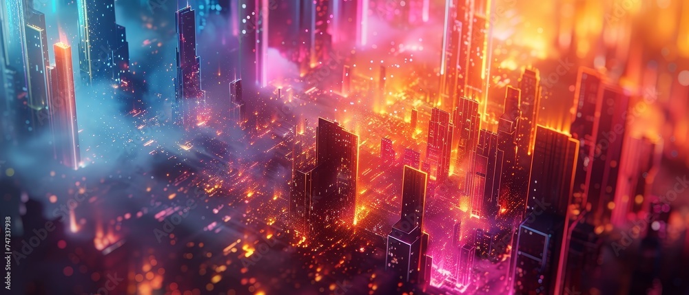 Cityscape digital wallpaper, vibrant colors, modern geometry, and neon effects