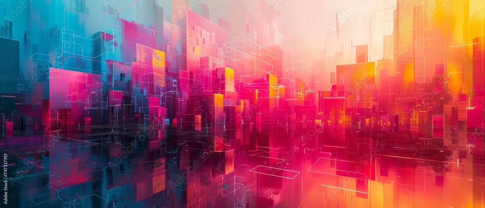 Cityscape digital wallpaper brings vibrant colors, modern geometry, and neon effects to life