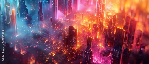 Cityscape digital wallpaper, vibrant colors, modern geometry, and neon effects