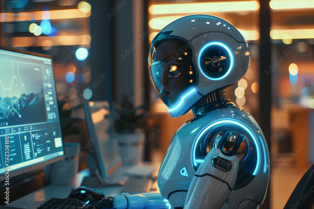 The robot performs data analysis using a computer in the office The robot performs data analysis using a computer in the office