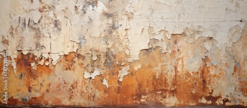 A red fire hydrant stands in front of a dirty wall with peeling paint and rust marks. The contrast between the bright hydrant and the worn wall creates a stark visual impact.