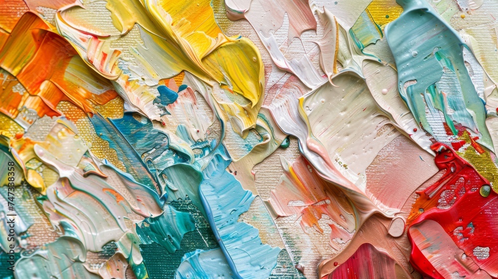 Closeup of an abstract painting with a rich tapestry of colors, showcasing the unique textures created by oil paint and palette knife strokes.
