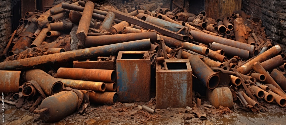 A heap of aged, corroded rectangular metallic tubes and containers is arranged on the ground near a building site. The rusted metal shows signs of wear and tear from exposure to the elements. A heap of aged, corroded rectangular metallic tubes and containers is arranged on the ground near a building site. The rusted metal shows signs of wear and tear from exposure to the elements.