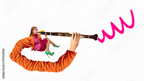 Poster. Modern aesthetic artwork. Young woman dressed vibrant outfit virtuously playing clarinet with blue swirls turns out of it. Concept of music and dance, inspiration. Trendy urban magazine style photo