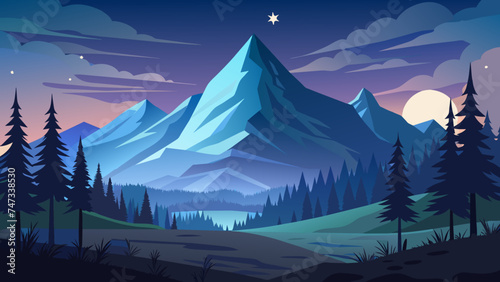 Fototapeta Naklejka Na Ścianę i Meble -  Realistic mountains landscape. Night wood panorama, stars,galaxy, pine trees and mountains silhouettes. Vector forest hiking background