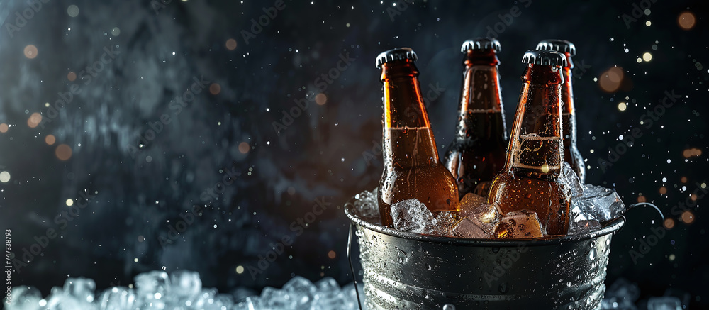beer bottles in an ice bucket - obrazy, fototapety, plakaty 