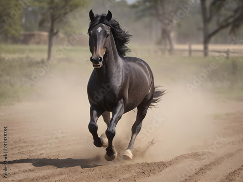 Black horse galloping in a dirt field