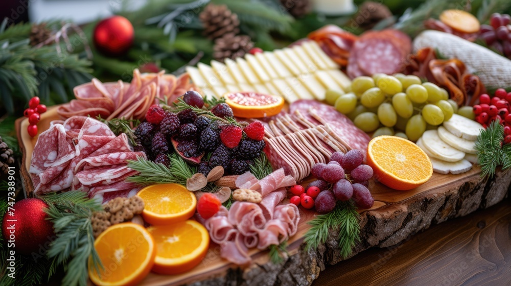 Assorted cheese and charcuterie board with fruits and nuts.