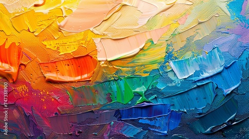 Close-up shot of an abstract oil painting with a focus on the rough textures and layers created by mixed brush and palette knife techniques, featuring a spectrum of colors.