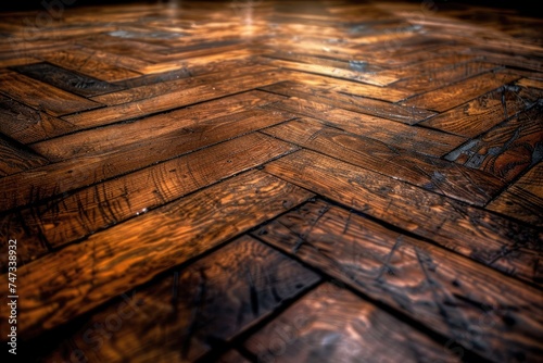 A close-up of a parquet floor with contrasting wood tones creating a visually appealing and textured surface. 