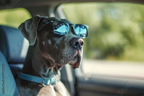 Great Dane Wearing Sunglasses in Car