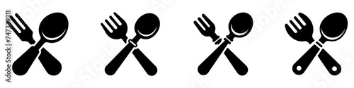 Baby cutlery icons set. Black and white silhouette of a crossed baby fork and spoon.