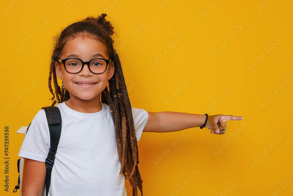 black little girl (10 years old, smile, looking at camera, white t-shirt, dreadlocks, glasses, backpack), pupil points with her finger to the side on yellow background, hand pointing empty place - obrazy, fototapety, plakaty 