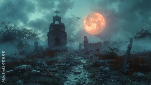At Night - Spooky Cemetery With Moon And Bats - 3D Illustration