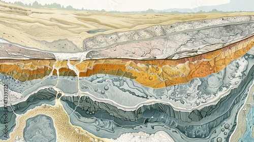 Cross-section of a river delta showing sediment layers and mineral deposits photo