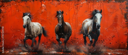 Painting, abstract, metal elements, texture background, animals, horses, etc.