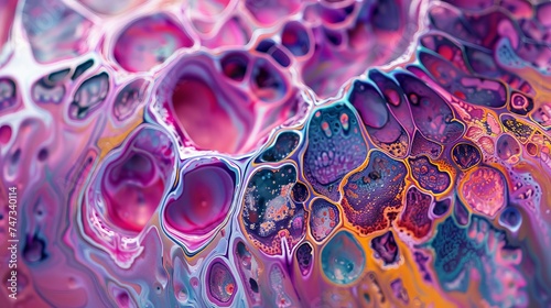 Detailed macro photograph of an abstract artwork, capturing the intense color dynamics and intricate patterns formed by layering techniques.