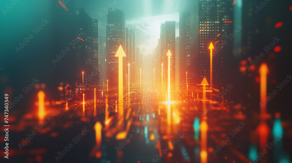 Abstract city with upward arrows and daylight. Double exposure. Finance concept.