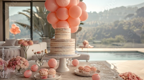 lots of balloons, decor, and a cake in the middle, no people, editorial, natural lighting, set up is inside a luxury modern house in vaucluse
