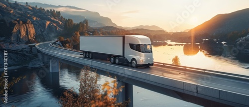 Automated semi-truck with a trailer, controlled by artificial intelligence. Cargo delivery, transportation of the future. Artificial intelligence. Self-driving.