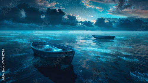 Dreamy seascape with floating boats and bioluminescent waves