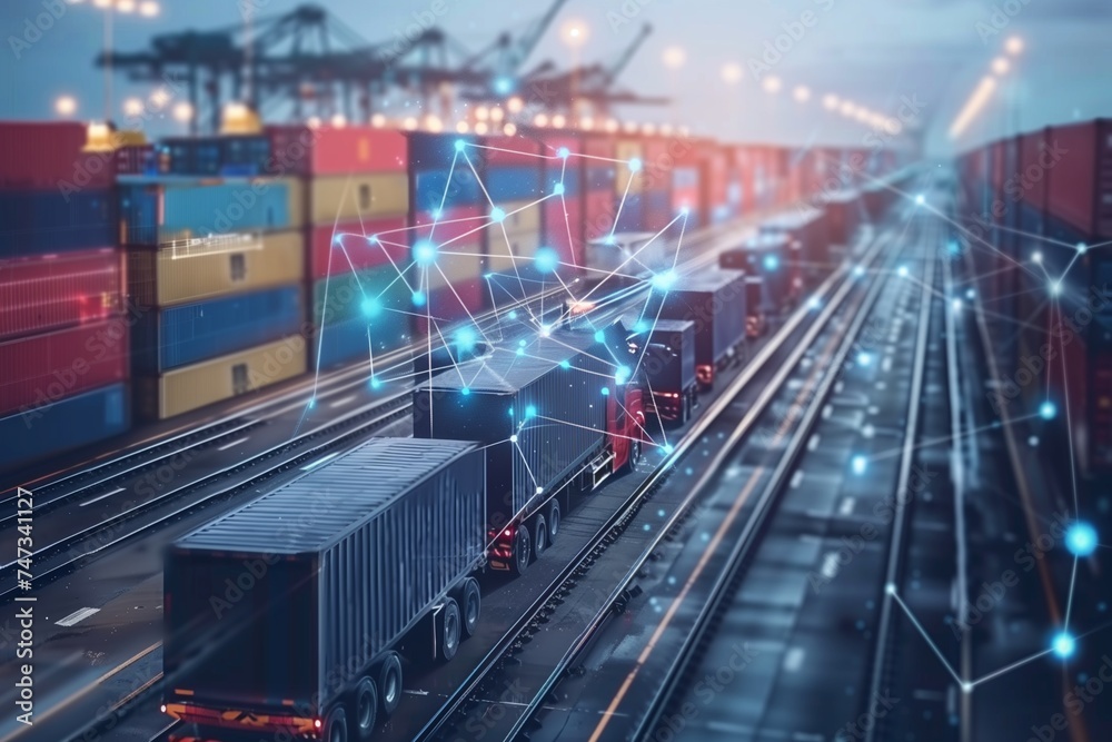 Trucks lined up in a Port, Logistics Themed. 
