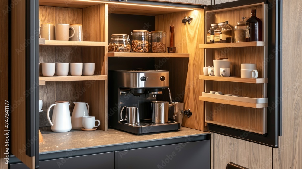 Modern kitchen cabinet with built-in espresso machine and assorted jars. Modern kitchen cabinet with built-in espresso machine and assorted jars.
