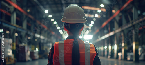 Confident female worker wearing hard hat and safety vest, in industrial warehouse