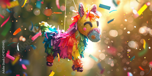 Colorful funny donkey piñata hanging on blurred background with falling confetti photo