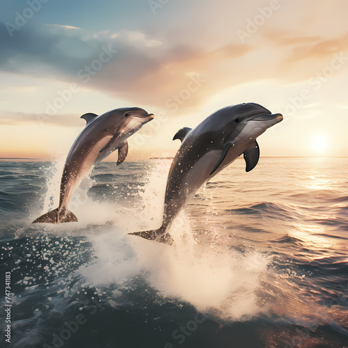 Playful dolphins leaping out of the water. 