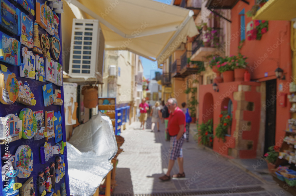 Picturesque scenic narrow alleys with traditional cobblestone streets and Souvenir shops in Old Town of Chania City in famous tourist attraction Crete island in Kreta Greece during Summer cruise