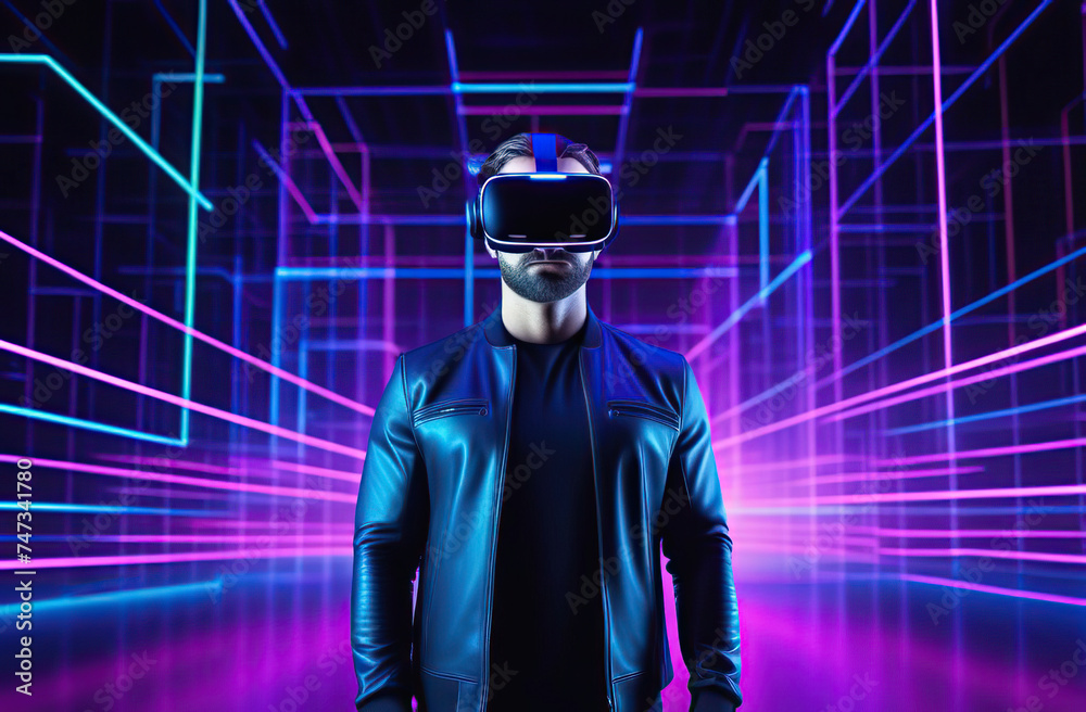 3D render of virtual man holding virtual reality glasses surrounded by virtual data with neon ultraviolet lines. Player begins the VR game. VR experience.