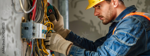 a male electrician installs a wire and an electrical panel