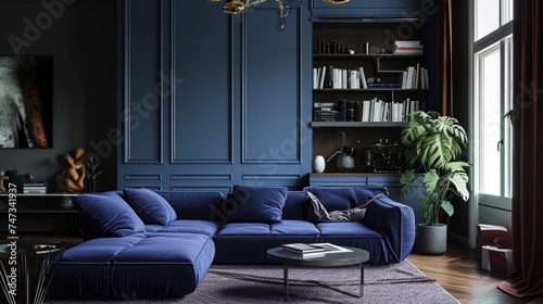 Elegant living room with navy blue sofa and built-in bookshelves.