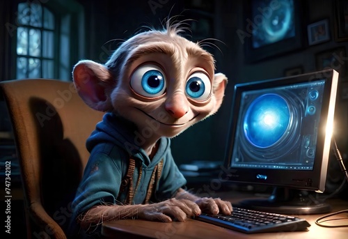 animated portrait of a webmaster sitting near a computer monitor with big round eyes.