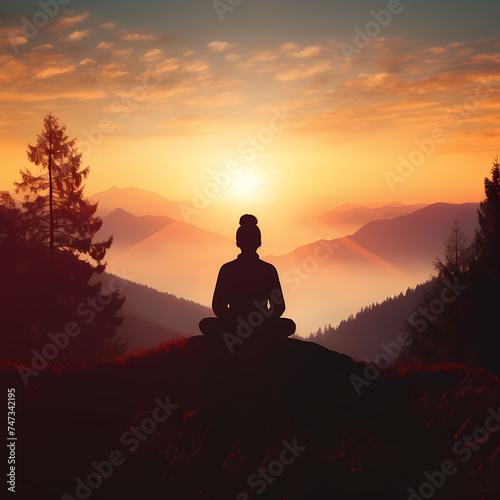 Silhouette of a person meditating on a hill at sunrise © Cao