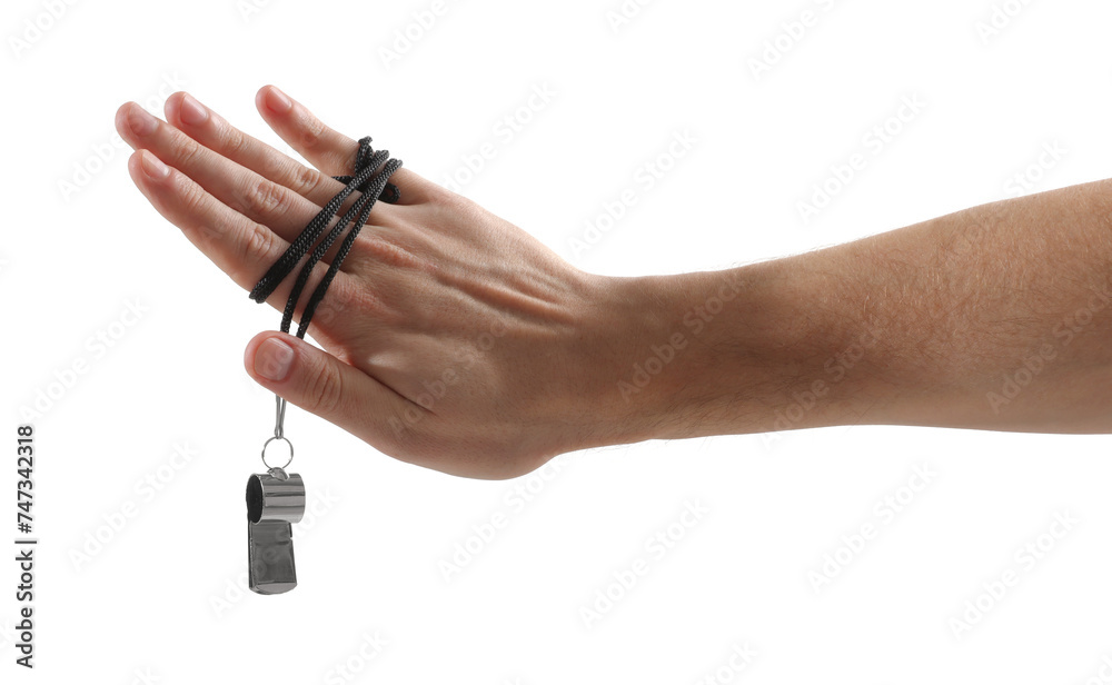 Referee holding whistle on white background, closeup Referee holding whistle on white background, closeup