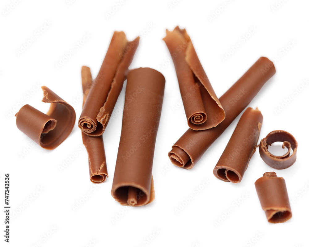Many tasty chocolate curls isolated on white Many tasty chocolate curls isolated on white