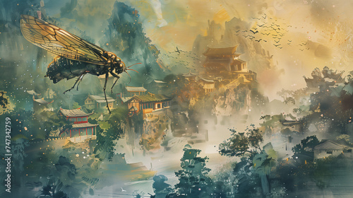 Fantasy Scene with Giant Dragonfly over an Ancient Misty Village © Miva