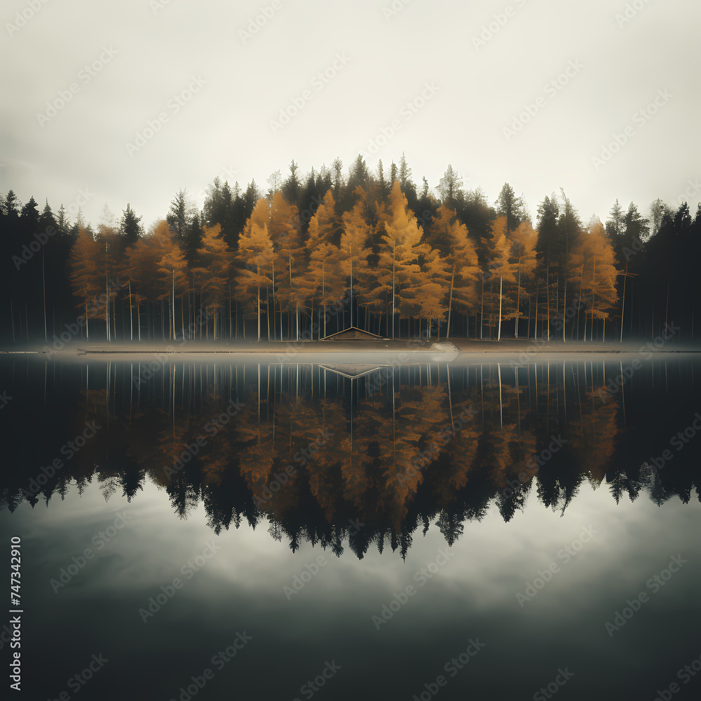 Symmetrical reflection in a calm lake. 