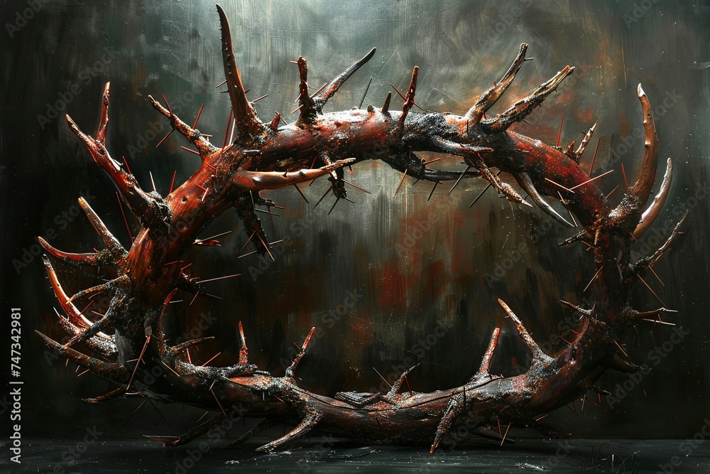 Explore the symbolic significance and intricate details of a crown of thorns in this realistic and professional photograph, capturing its artistic portrayal with depth and meaning. Explore the symbolic significance and intricate details of a crown of thorns in this realistic and professional photograph, capturing its artistic portrayal with depth and meaning.