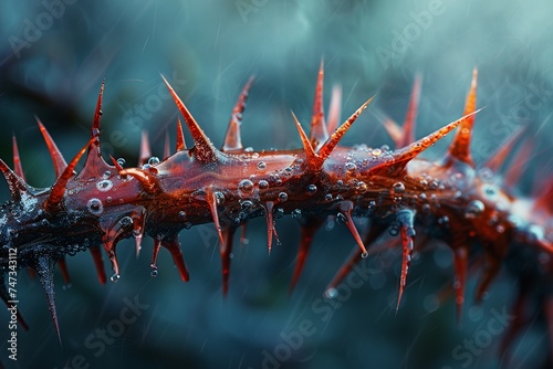 Explore the symbolic significance and intricate details of a crown of thorns in this realistic and professional photograph, capturing its artistic portrayal with depth and meaning. photo