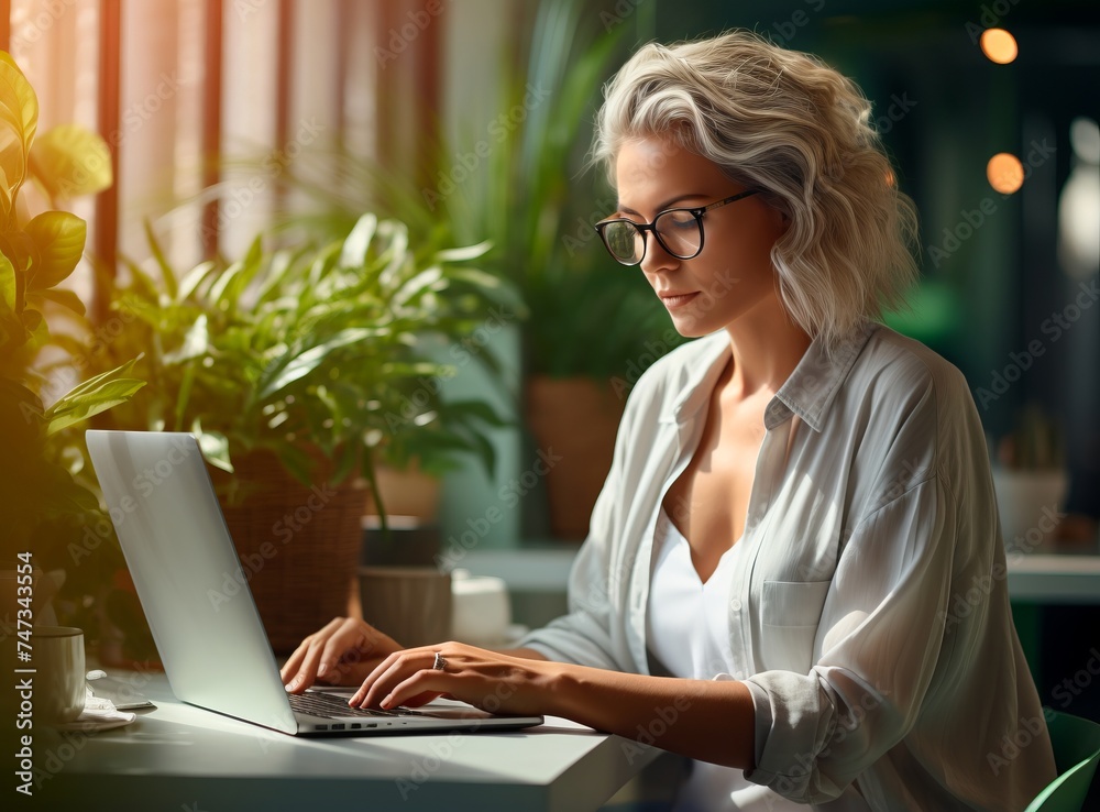 A focused young woman wearing glasses is diligently working on her laptop 