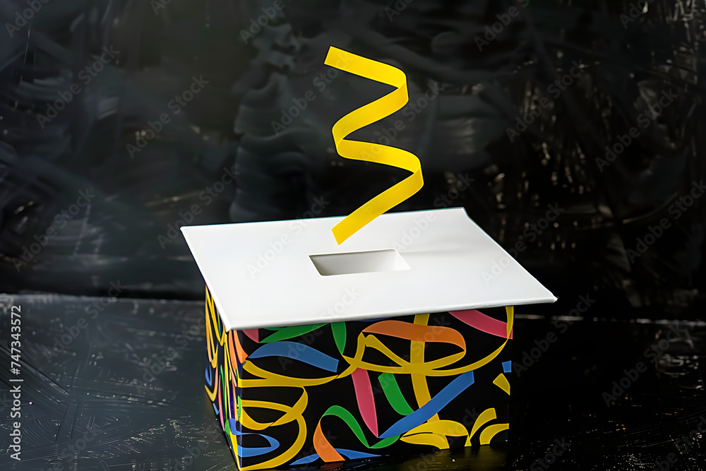 april fool's day abstract box with surprise and joke on black background, generative ai - obrazy, fototapety, plakaty 