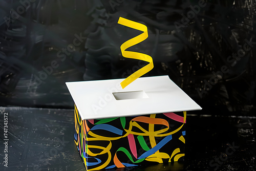april fool's day abstract box with surprise and joke on black background, generative ai photo