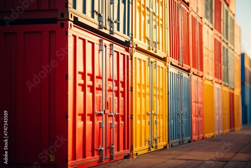 Colorful shipping containers arranged neatly in a row.