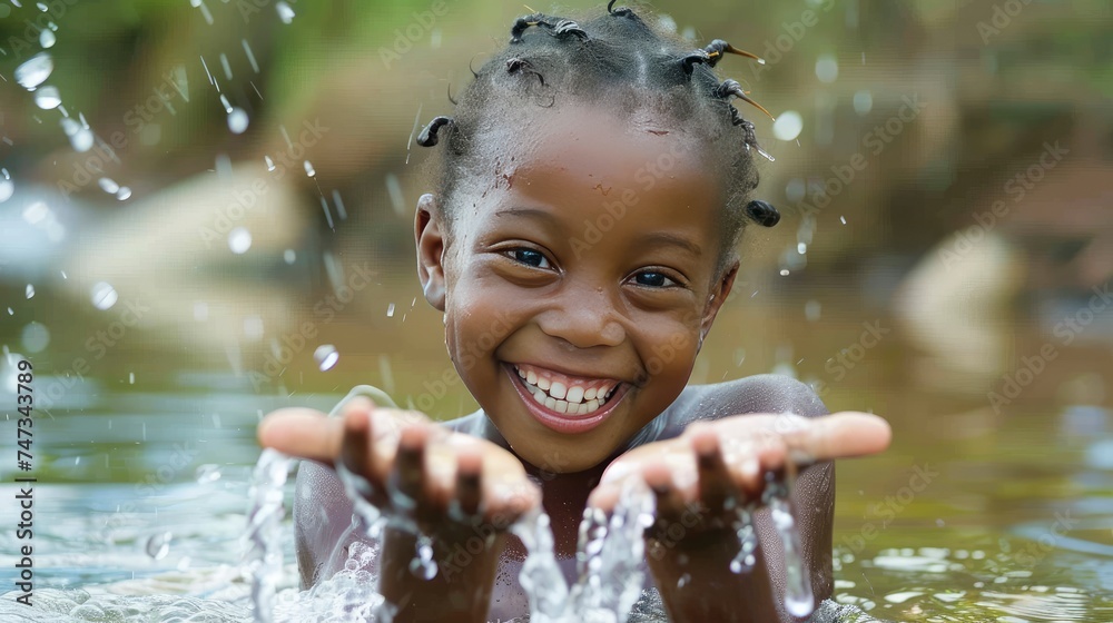African kid with water. World Water Day concept - obrazy, fototapety, plakaty 
