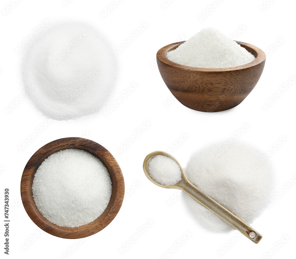White granulated sugar isolated on white, set White granulated sugar isolated on white, set